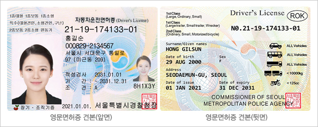 영문면허증 견본 앞면,뒷면