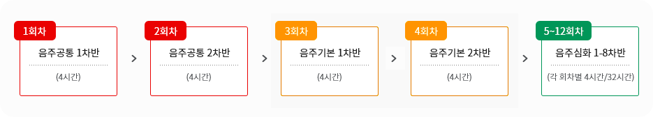 1회차:음주공통 1차반(4시간), 2회차:음주공통 2차반(4시간), 3회차:음주기본 1차반(4시간), 4회차:음주기본 2차반(4시간), 5~12회차:음주심화 1-8차반(각 회차별 4시간/32시간)